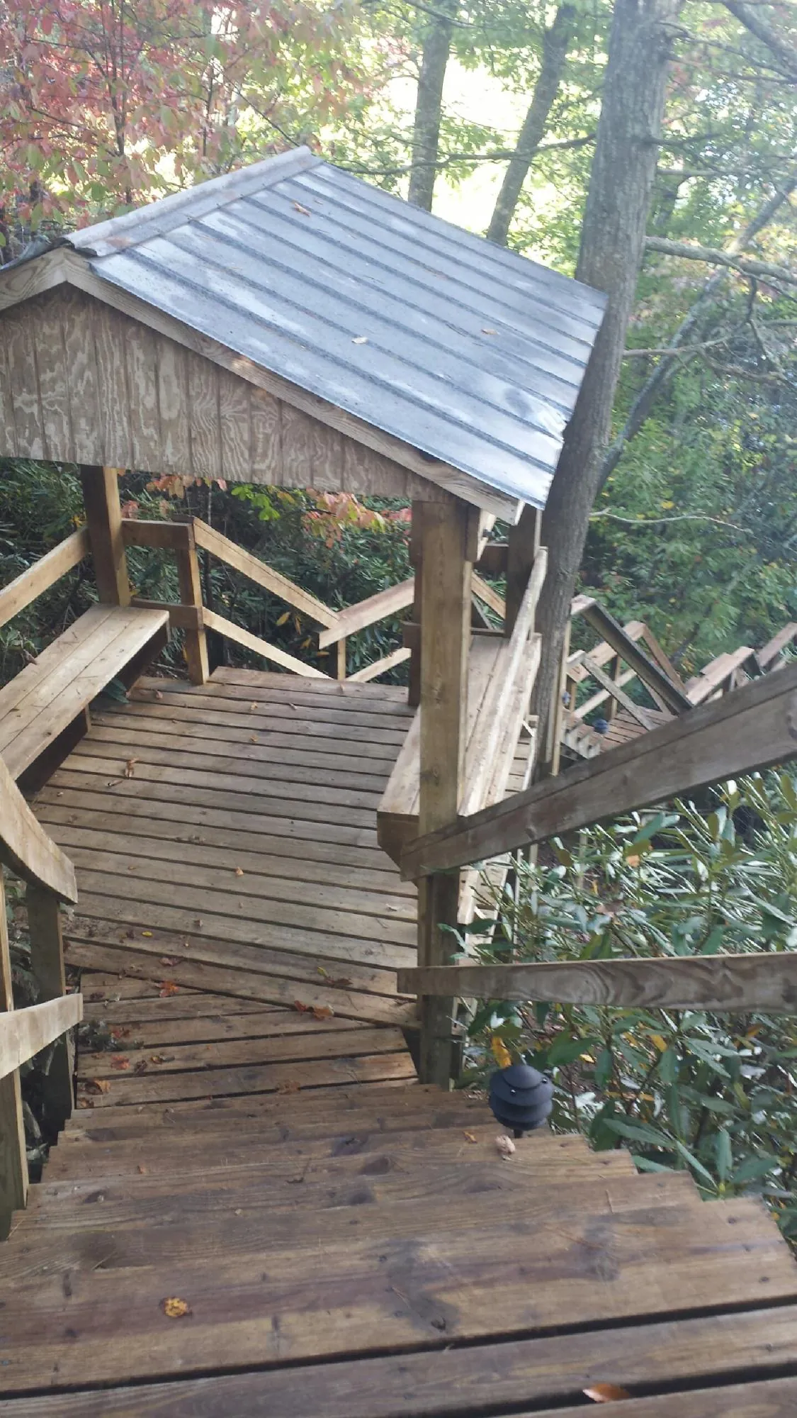 Metal roofed shelter over wooden steps on a wooded walkway — Skylight Repair & Installation work by our crew in Joanna